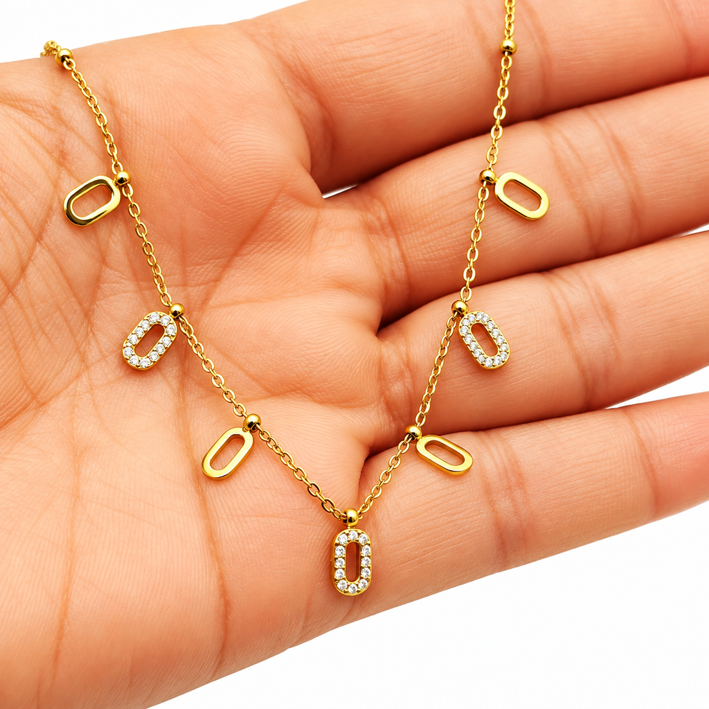 Collier Multi Ovales Dorés et Tour Cristaux Luxe