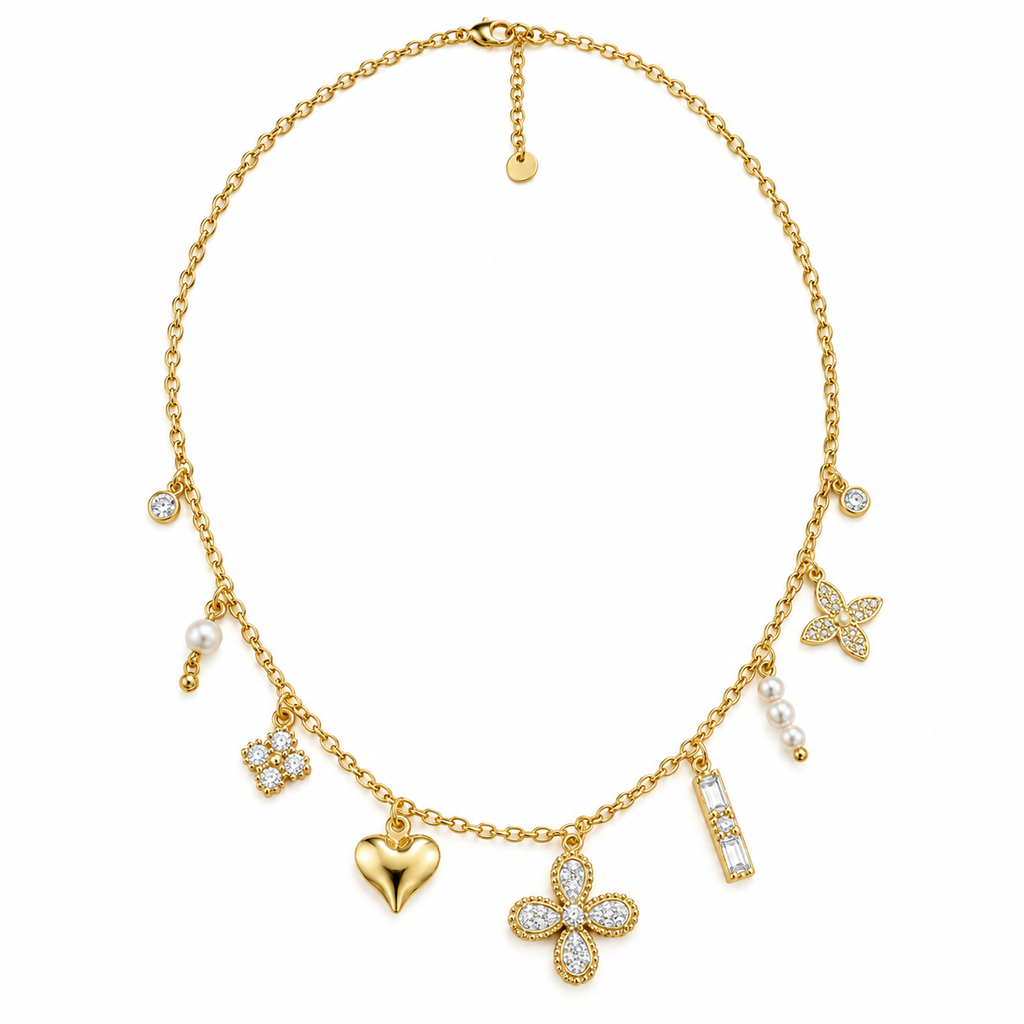 Collier Multi Pendentifs Trèfles Cristaux et Coeur Bombé Luxe