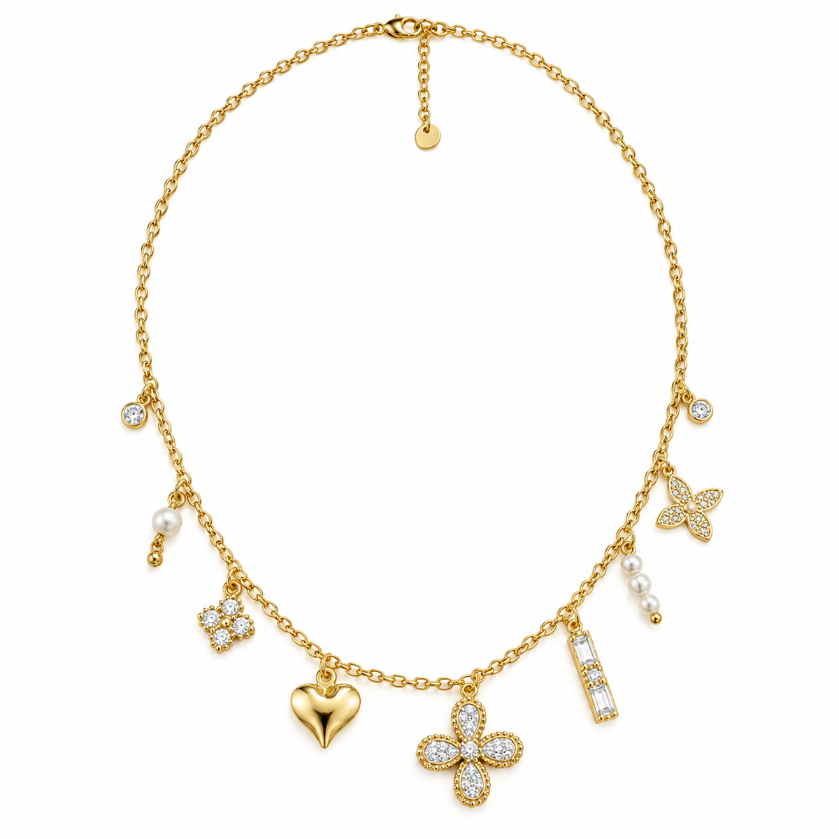 Collier Multi Pendentifs Trèfles Cristaux et Coeur Bombé Luxe