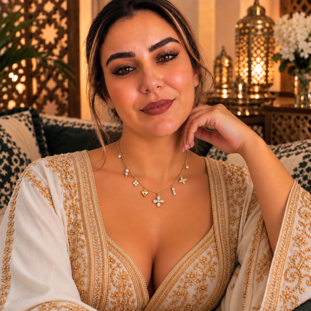 Collier Multi Pendentifs Trèfles Cristaux et Coeur Bombé Luxe