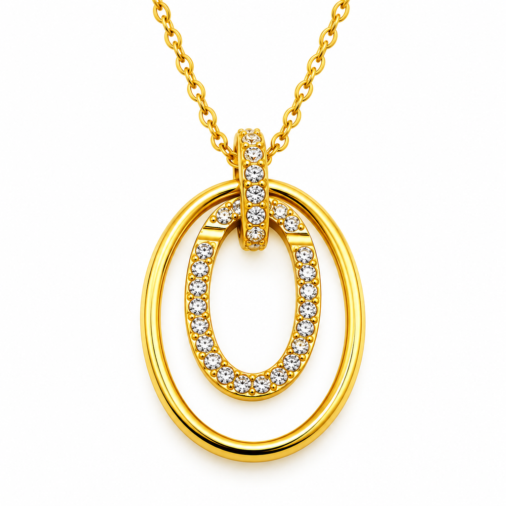 Collier Pendentif Double Ovales Doré et Cristaux Luxe