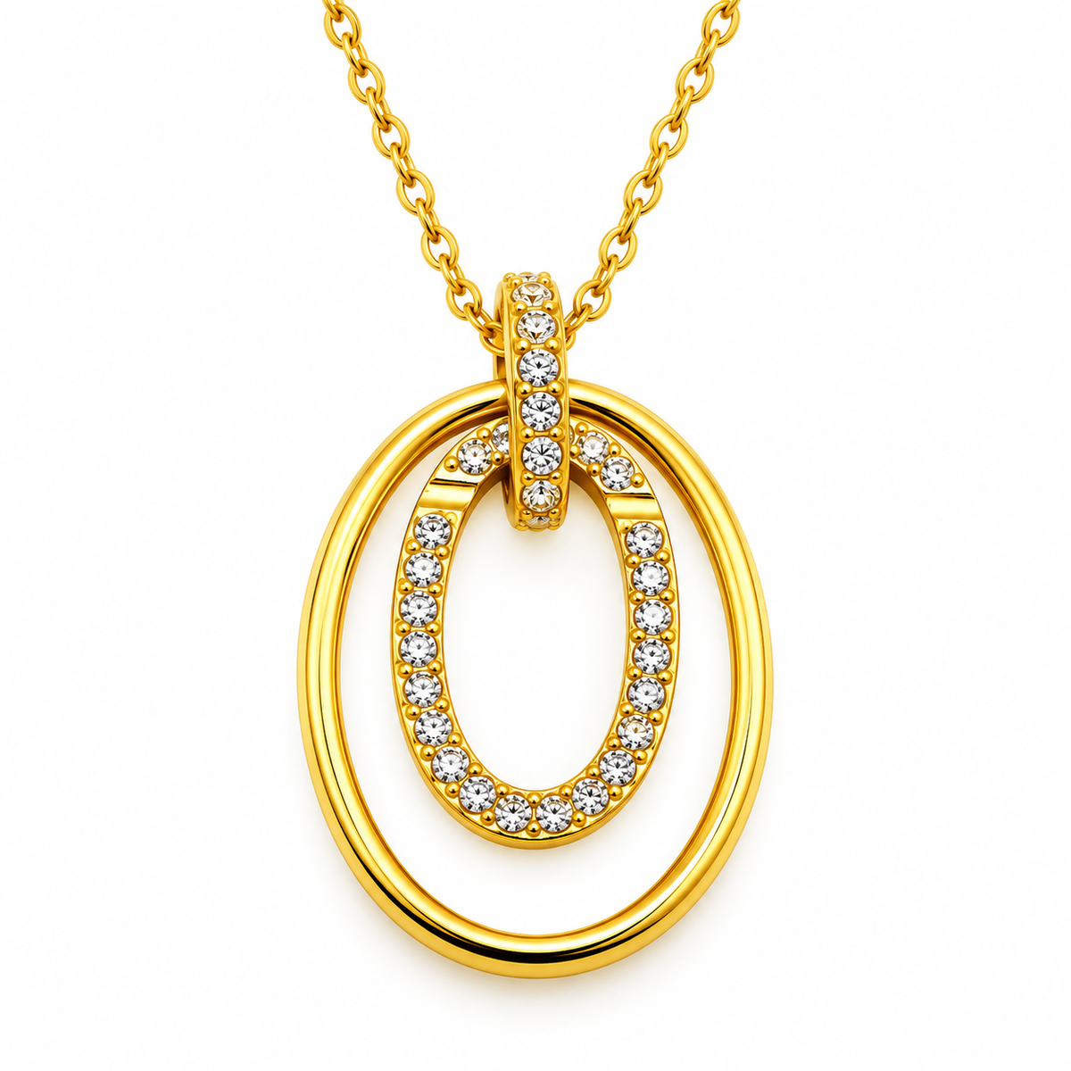 Collier Pendentif Double Ovales Doré et Cristaux Luxe