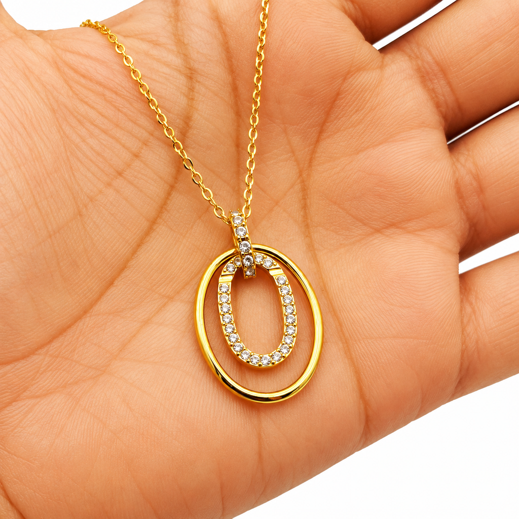 Collier Pendentif Double Ovales Doré et Cristaux Luxe