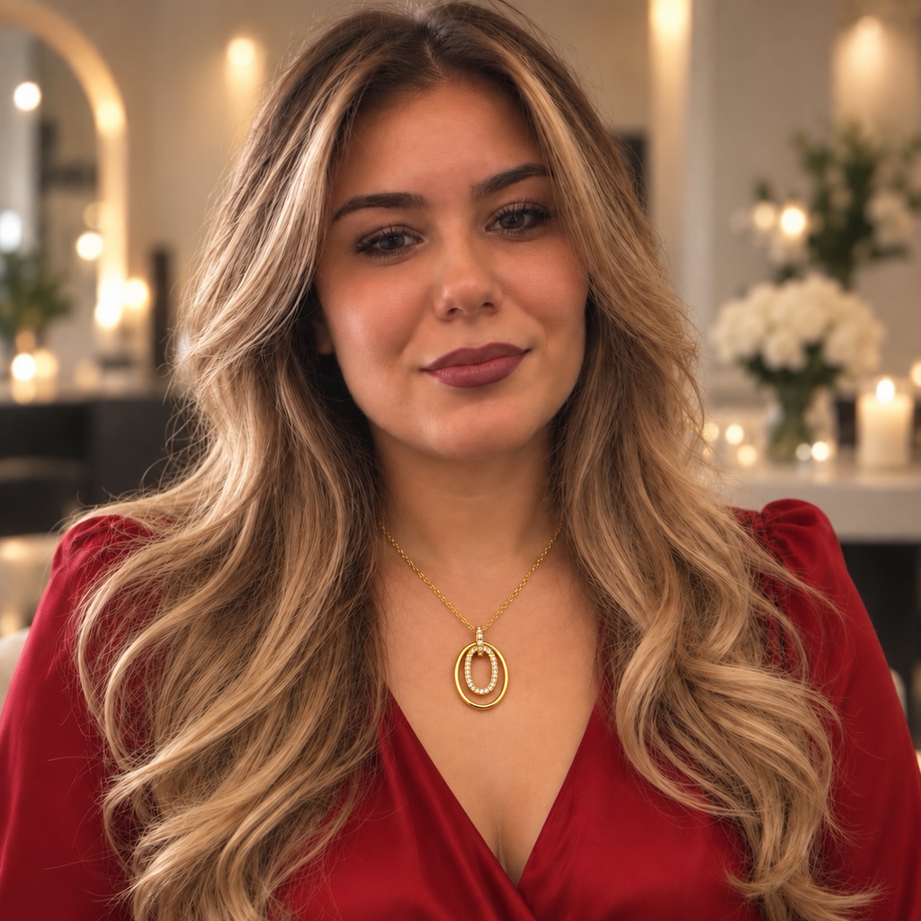 Collier Pendentif Double Ovales Doré et Cristaux Luxe