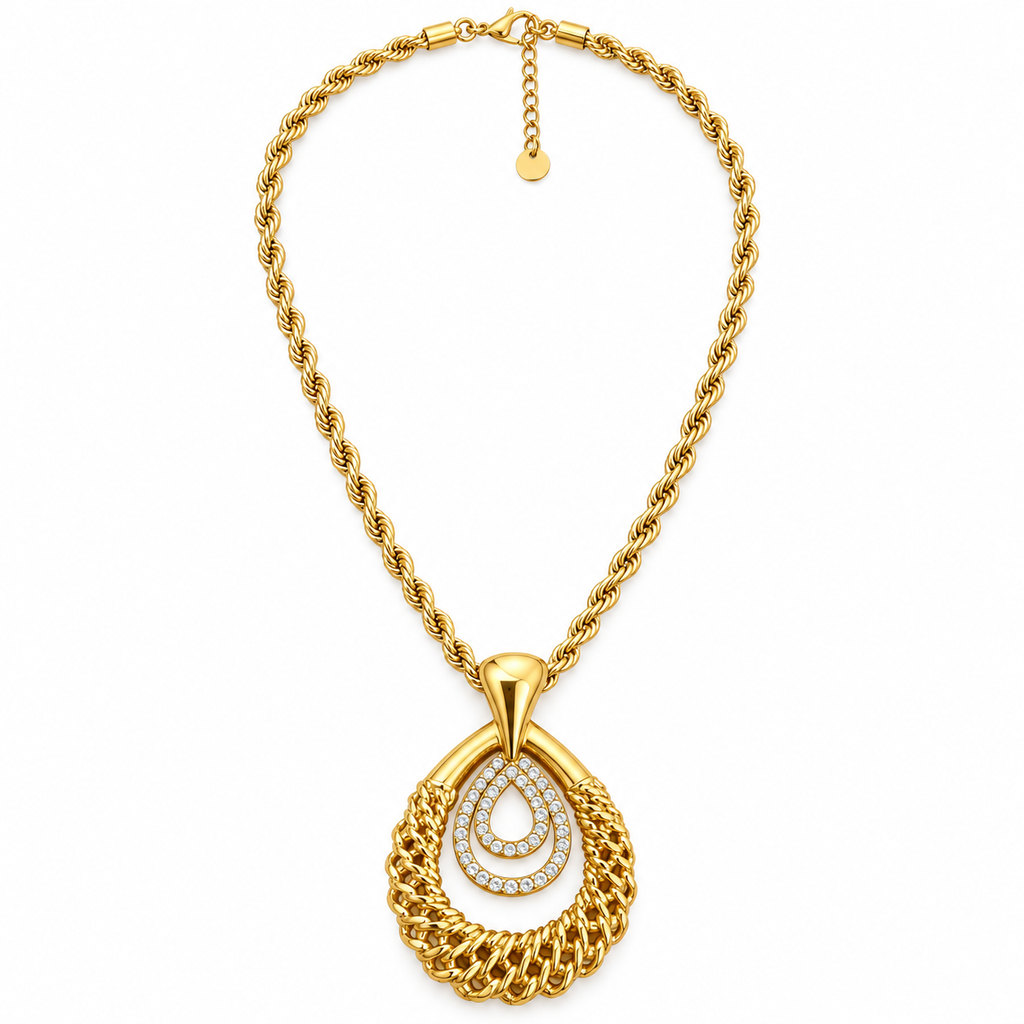 Collier Pendentif Gouttes Torsades et Cristaux Luxe