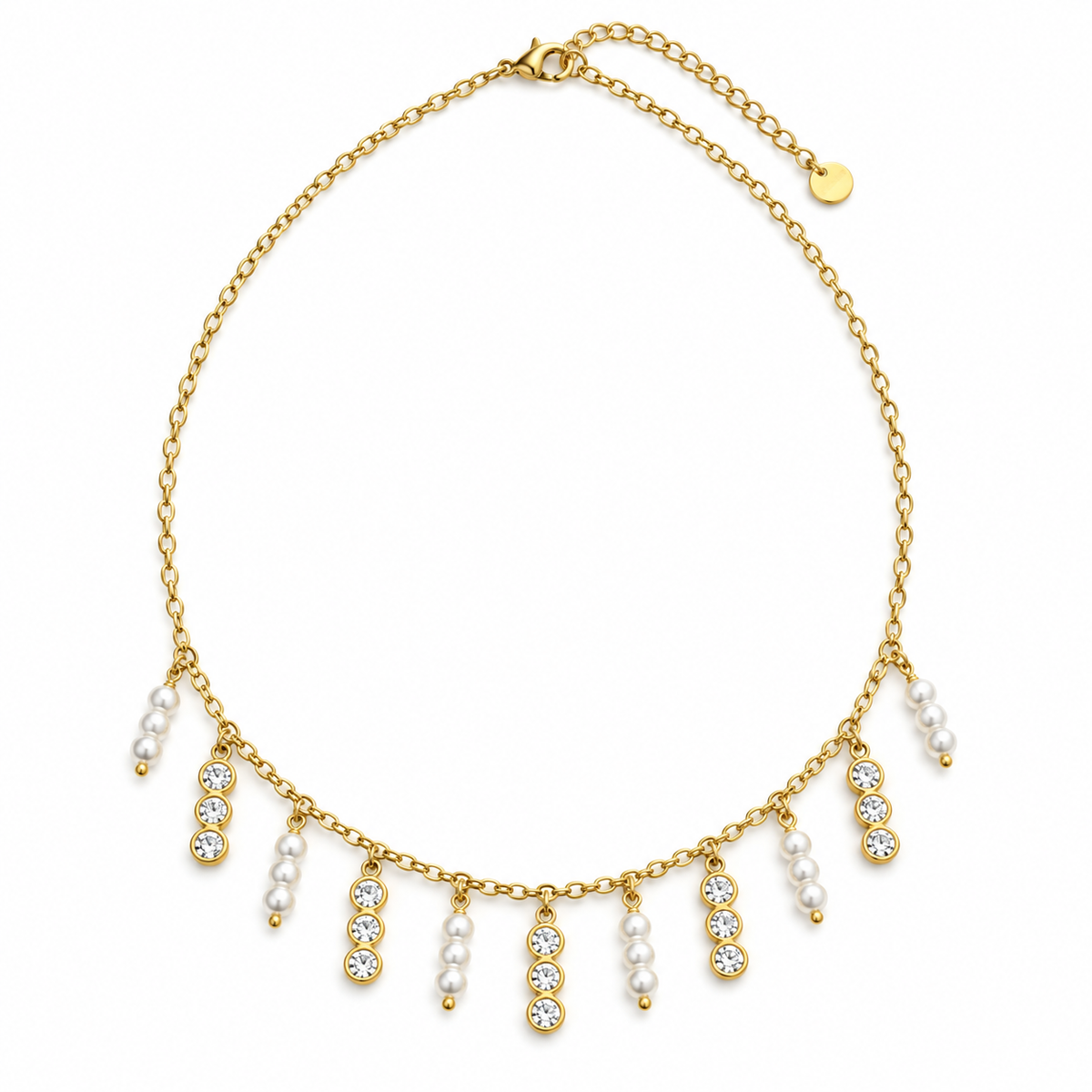 Collier Pendentifs Triple Cristaux et Triple Perles d'imitation Blanches Luxe