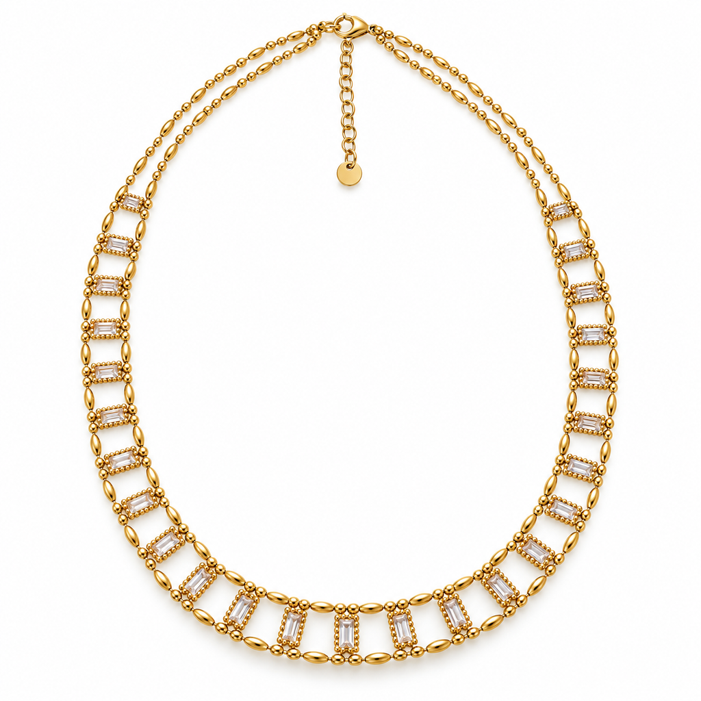Collier Ras de Cou Double Lignes Multi Cristaux Rectangles Luxe