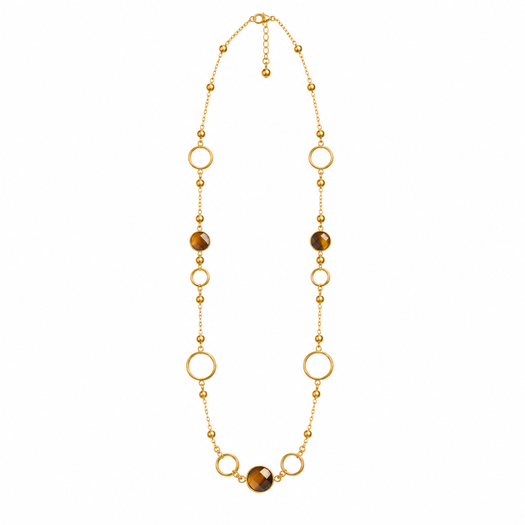 Collier / Sautoir Cercles Creux et Cristaux Ronds Marrons Luxe