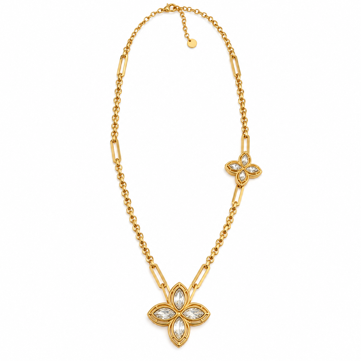 Collier / Sautoir Chaîne Double Trèfles Pointus Cristaux Luxe