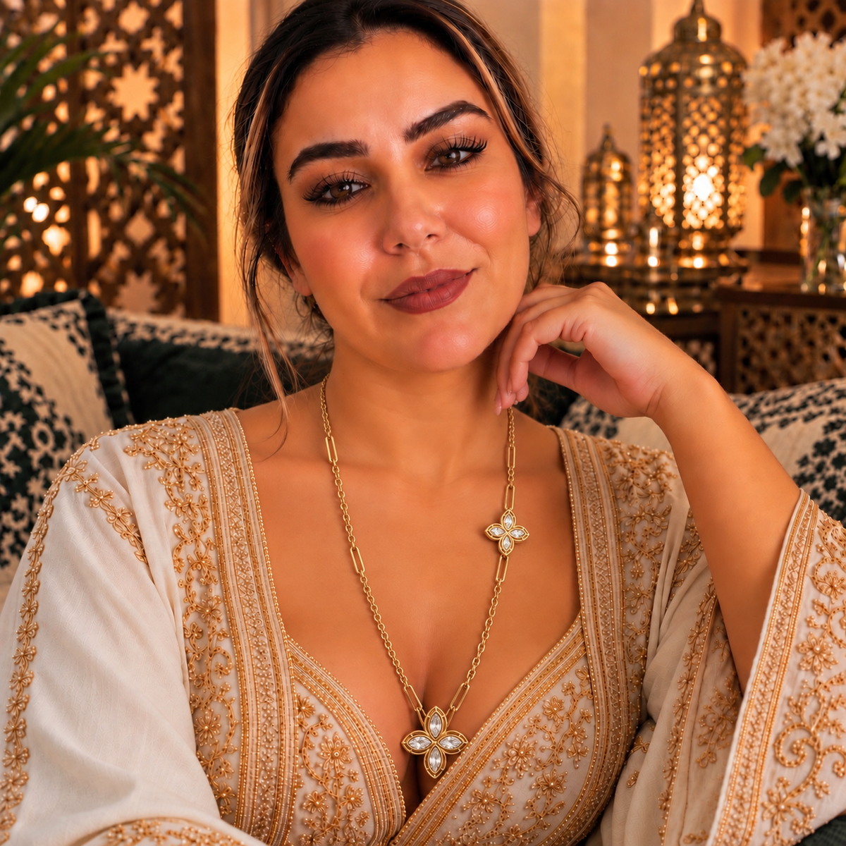 Collier / Sautoir Chaîne Double Trèfles Pointus Cristaux Luxe