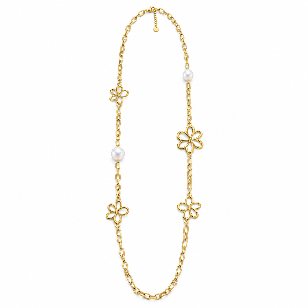 Collier Sautoir Fleurs Creuses et Perles d'imitation Blanches Luxe