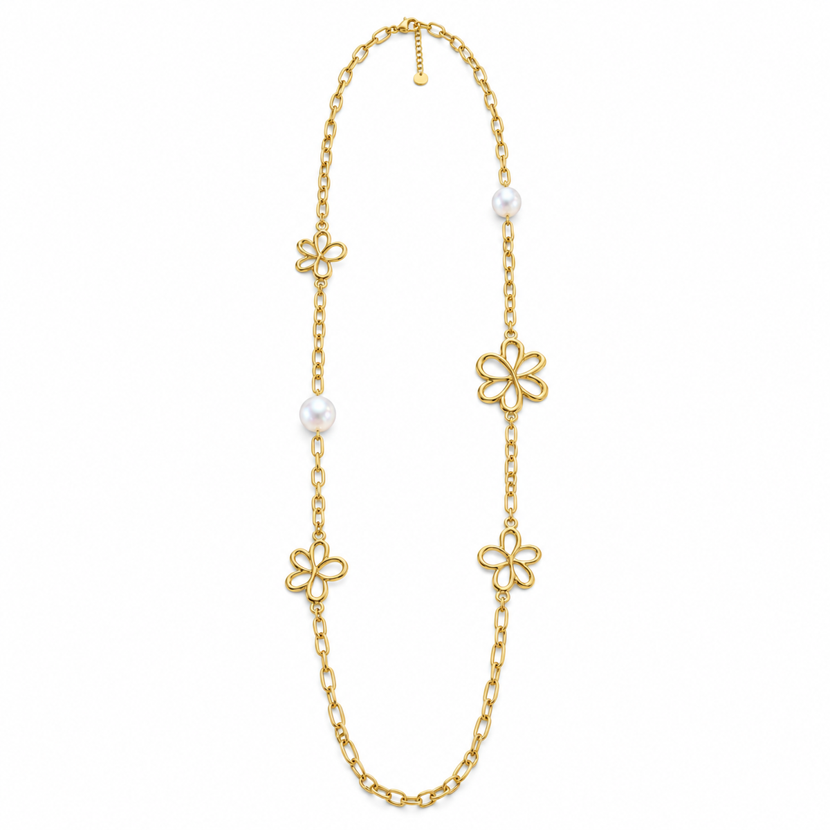 Collier Sautoir Fleurs Creuses et Perles d'imitation Blanches Luxe