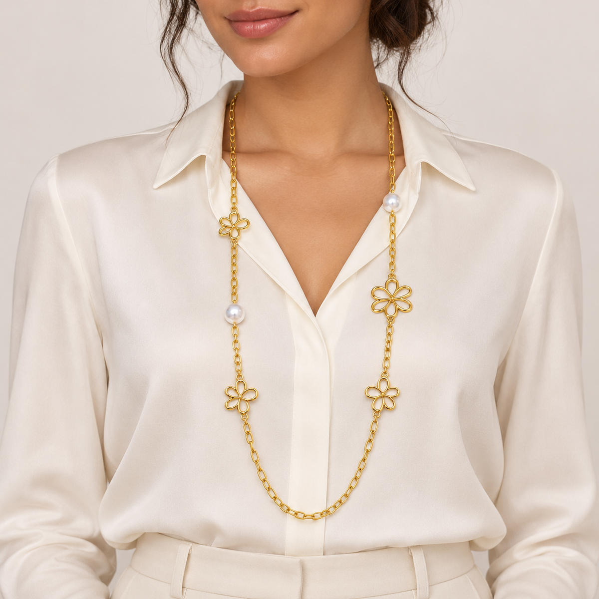 Collier Sautoir Fleurs Creuses et Perles d'imitation Blanches Luxe