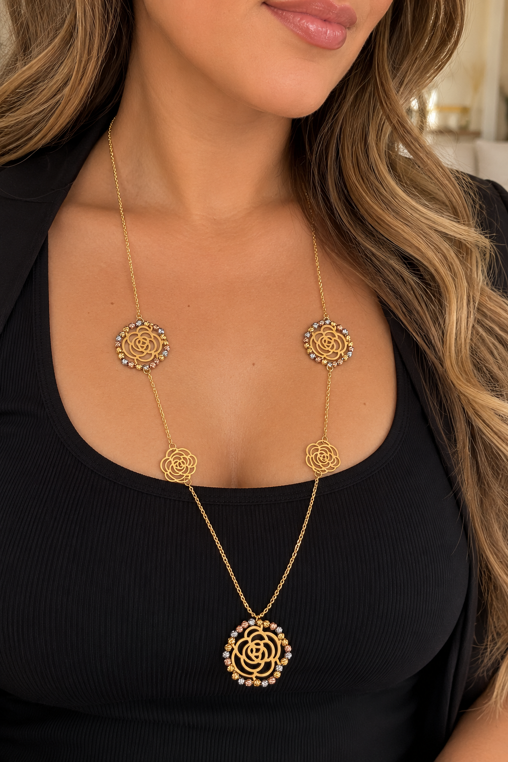 Collier / Sautoir Multi Fleurs Luxe Tour Boules Tricolores