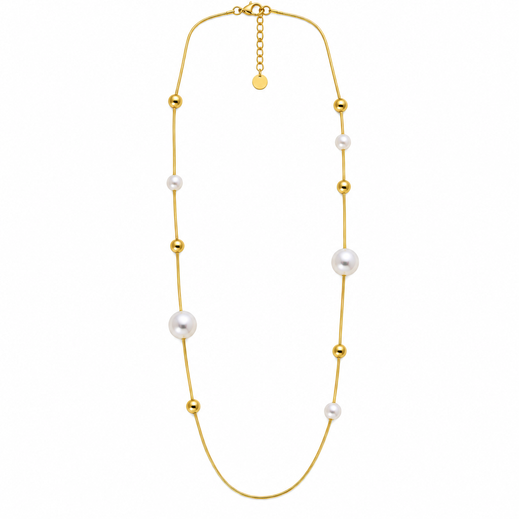 Collier / Sautoir Perles d'imitation Blanches et Dorées Multi Tailles Luxe