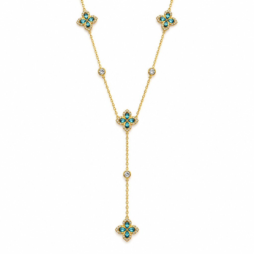 Collier Trèfles Bleus Pointus Tour Cristaux Luxe Descendant