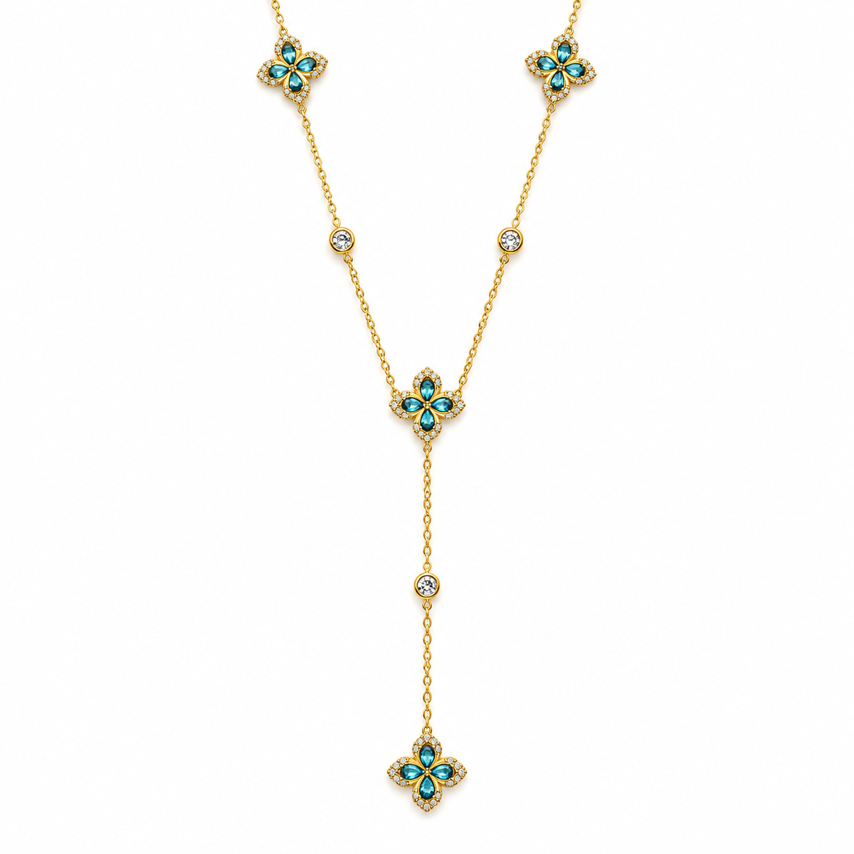 Collier Trèfles Bleus Pointus Tour Cristaux Luxe Descendant