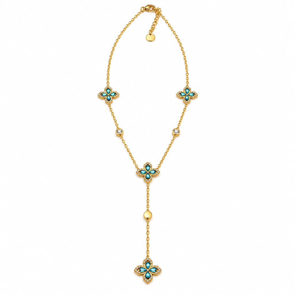 Collier Trèfles Bleus Pointus Tour Cristaux Luxe Descendant
