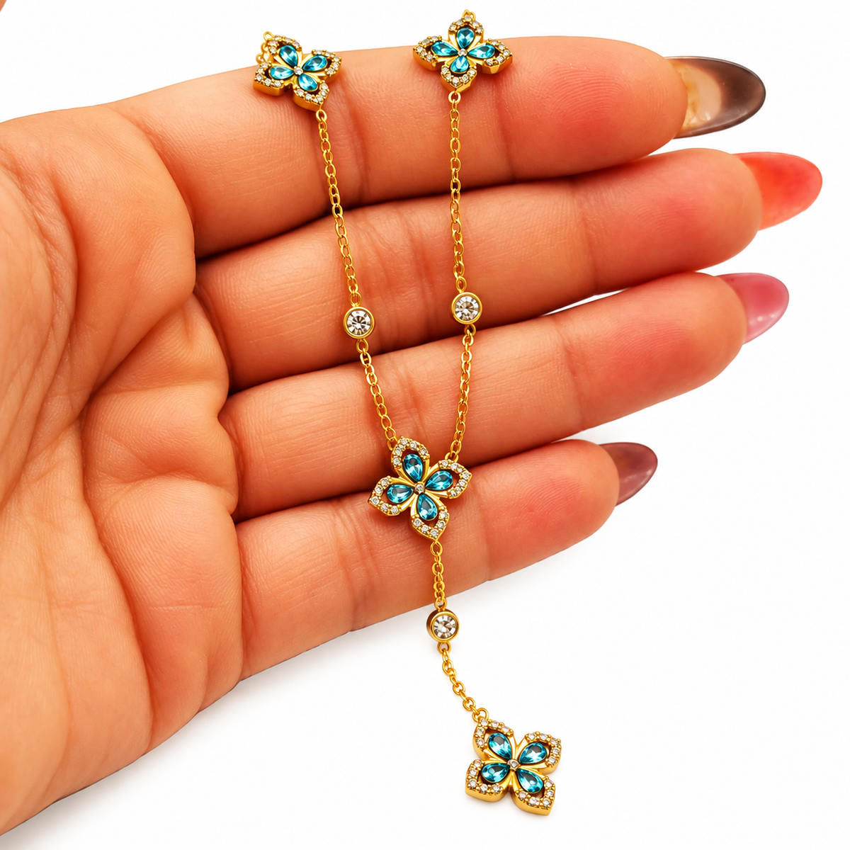 Collier Trèfles Bleus Pointus Tour Cristaux Luxe Descendant