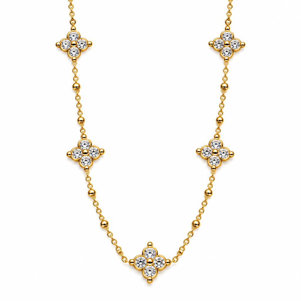 Collier / Sautoir Trèfles 4 Cristaux Ronds Luxe
