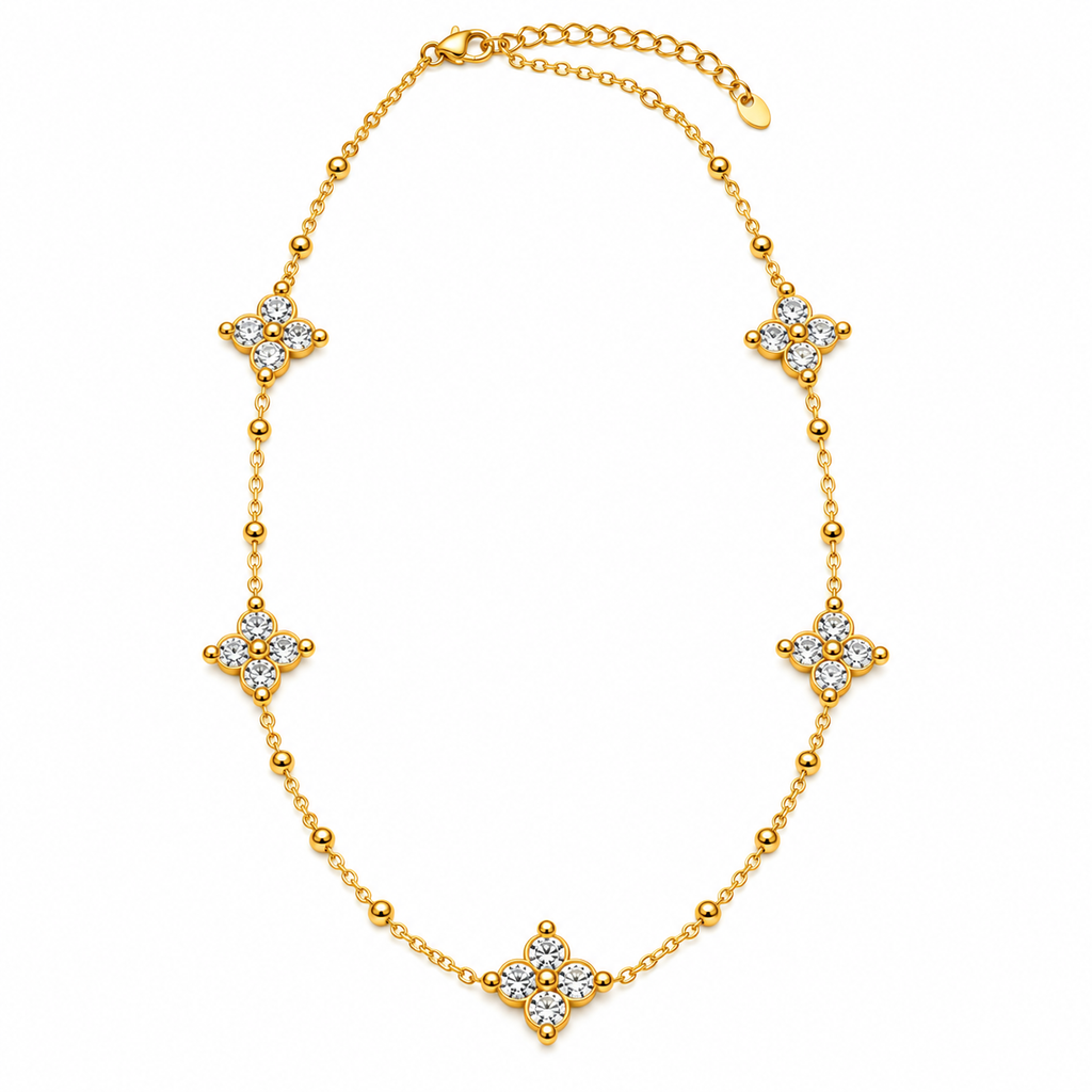 Collier / Sautoir Trèfles 4 Cristaux Ronds Luxe