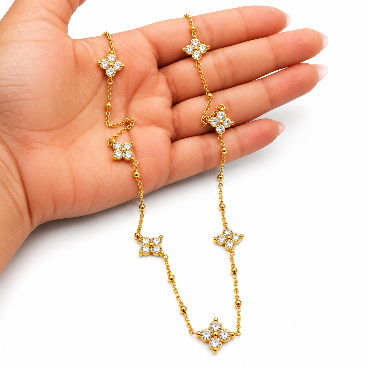 Collier / Sautoir Trèfles 4 Cristaux Ronds Luxe