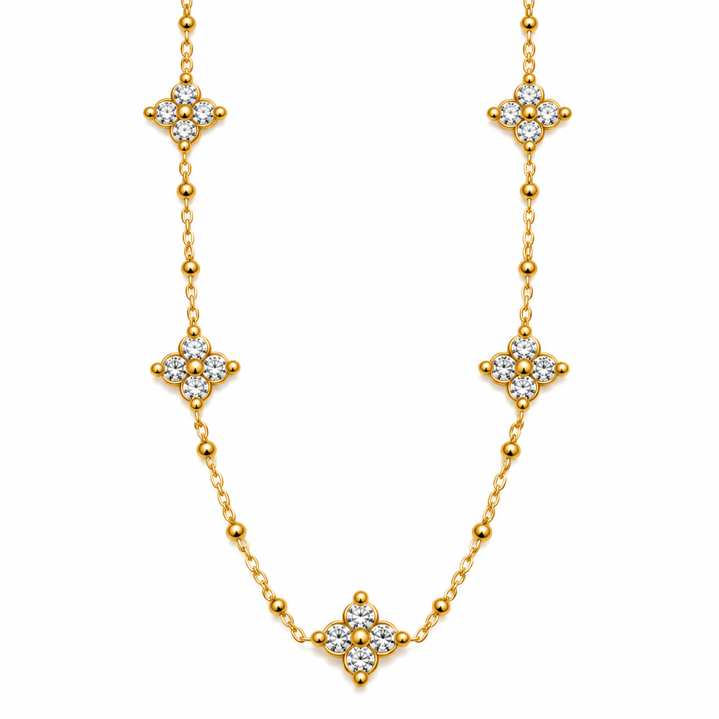 Collier / Sautoir Trèfles 4 Cristaux Ronds Luxe