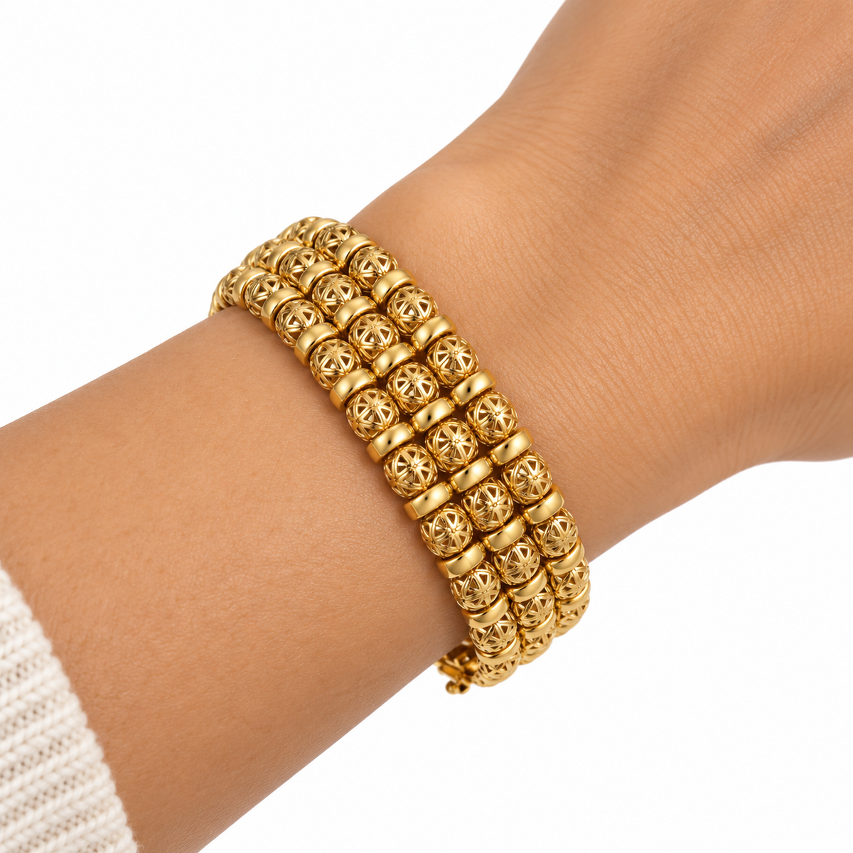 Bracelet Rigide Triple Lignes Boules Orientales et Barres Dorées Luxe