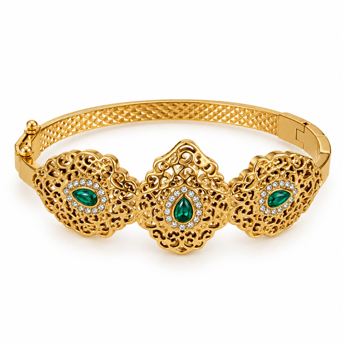 Bracelet Rigide Rosaces Orientales Pierres Vertes Luxe