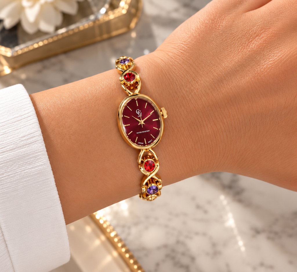 Montre GG Luxe FB1726 Fond Bordeaux Pierres Multicolores