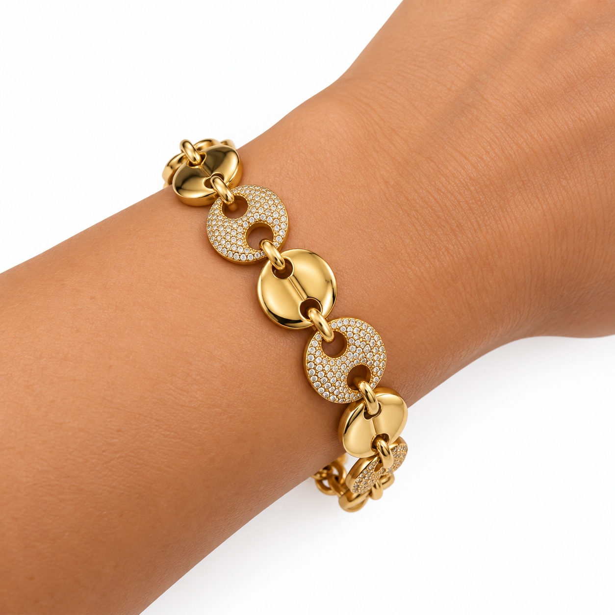 Bracelet Graines de Café Plates Dorées et Cristaux Luxe