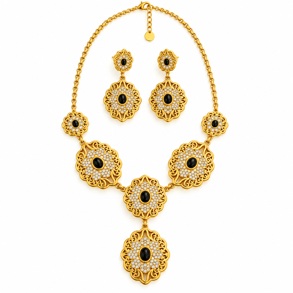 Ensemble Collier et Boucles d'oreilles Motifs Orientaux Pierre Noire et Cristaux Luxe