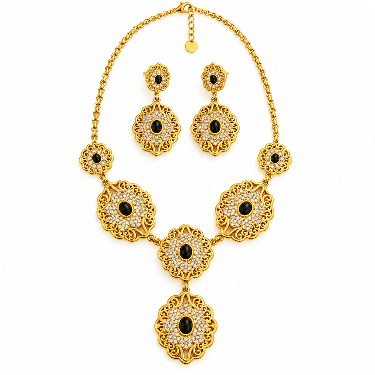 Ensemble Collier et Boucles d'oreilles Motifs Orientaux Pierre Noire et Cristaux Luxe