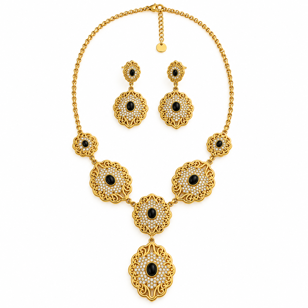 Ensemble Collier et Boucles d'oreilles Motifs Orientaux Pierre Noire et Cristaux Luxe