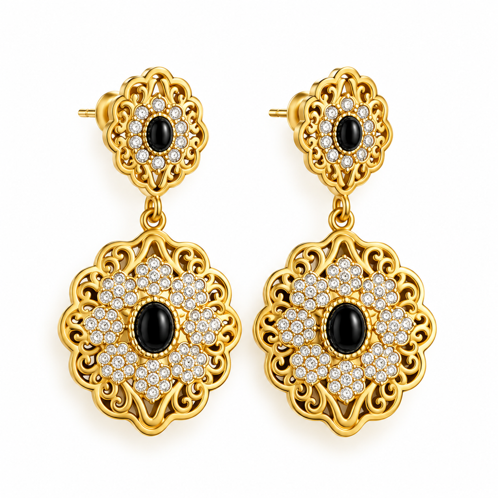 Ensemble Collier et Boucles d'oreilles Motifs Orientaux Pierre Noire et Cristaux Luxe