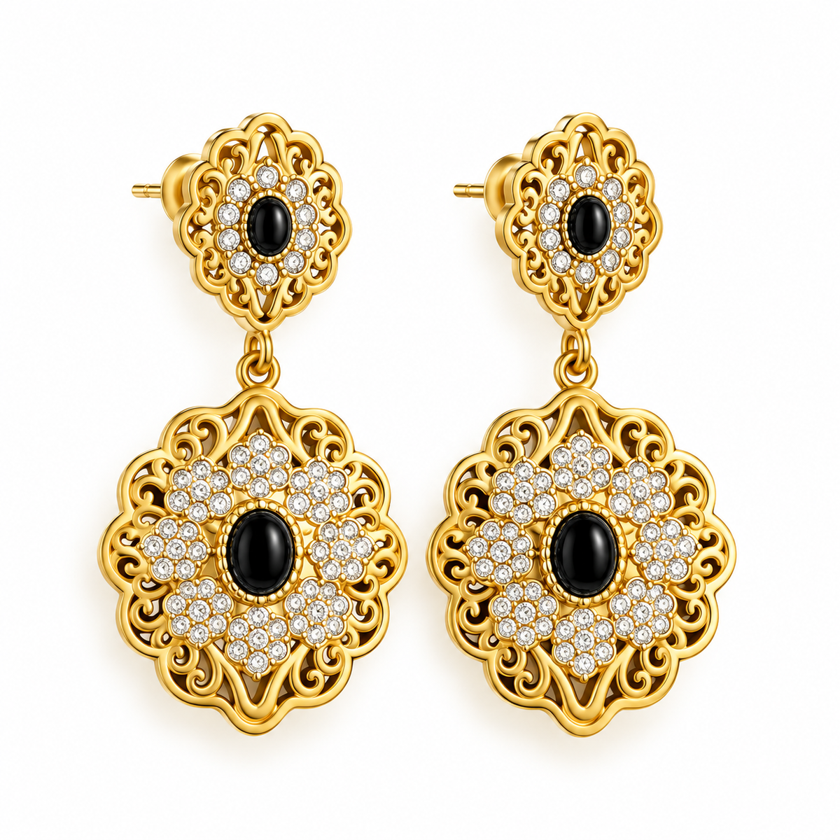 Ensemble Collier et Boucles d'oreilles Motifs Orientaux Pierre Noire et Cristaux Luxe