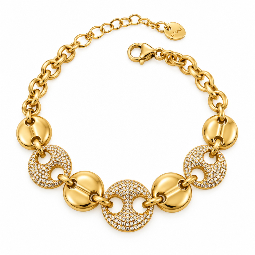 Bracelet Graines de Café Plates Dorées et Cristaux Luxe