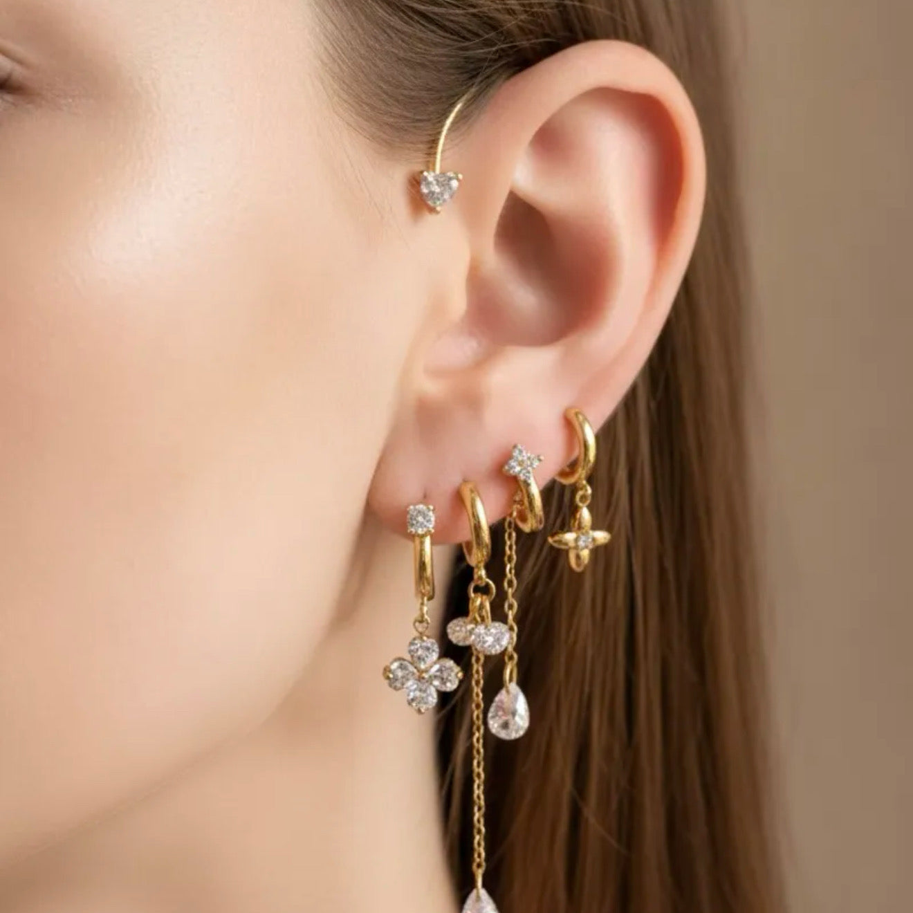 Boucle d'oreille Quadruple Pendentifs Cristaux Luxe