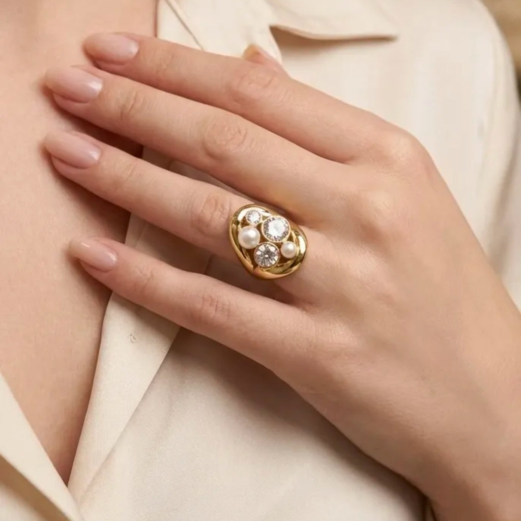 Bague Gros Cristaux Ronds et Perles d'imitation Blanches