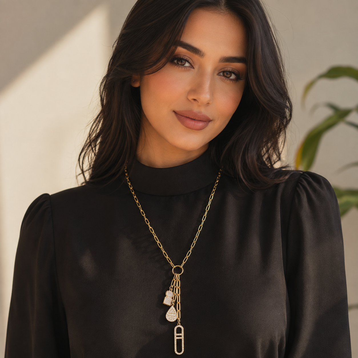 Collier Long Triple Pendentifs Bab El Mansour, Goutte et H Luxe Cristaux