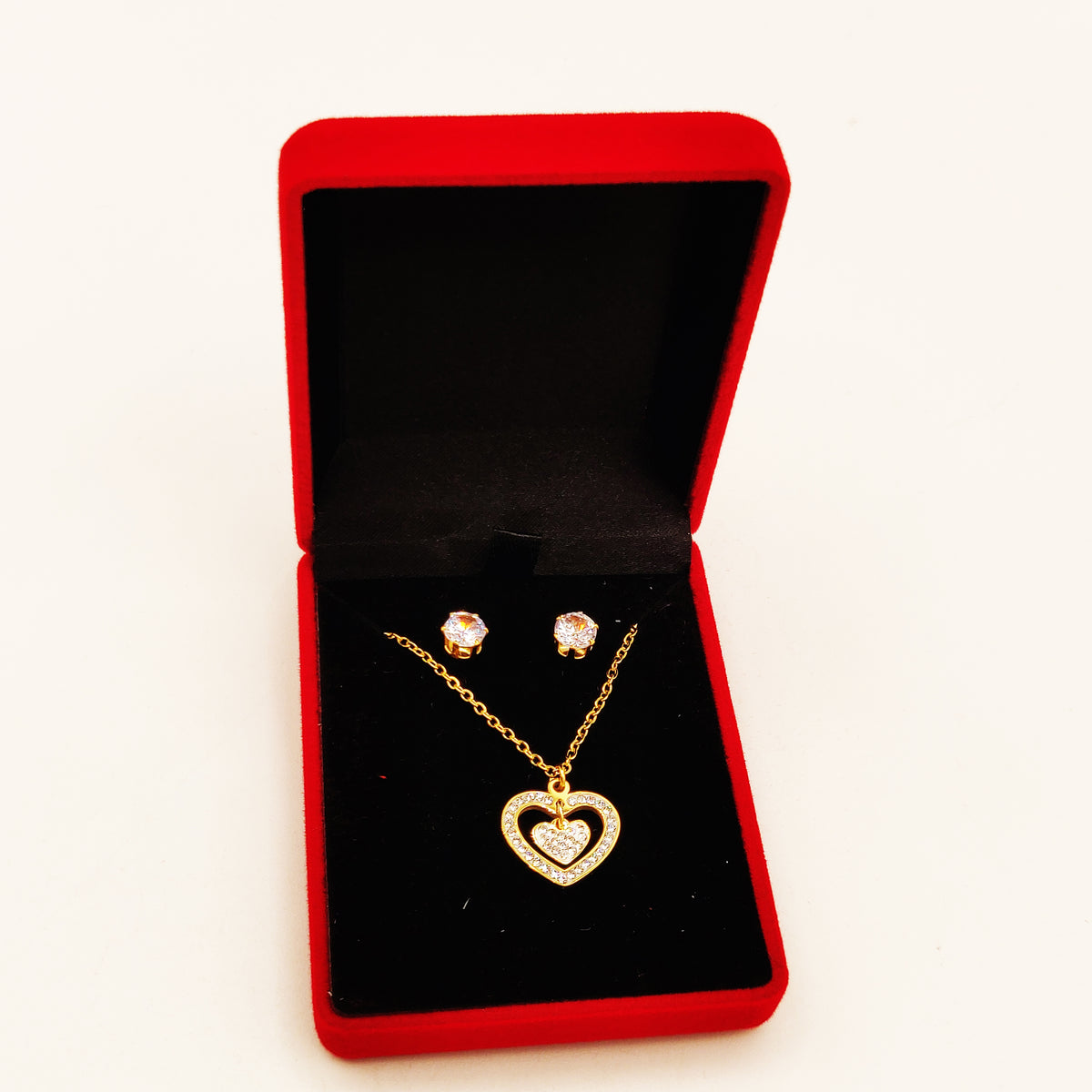 Coffret Collier et Boucles d'oreilles Coeur Double Cristaux
