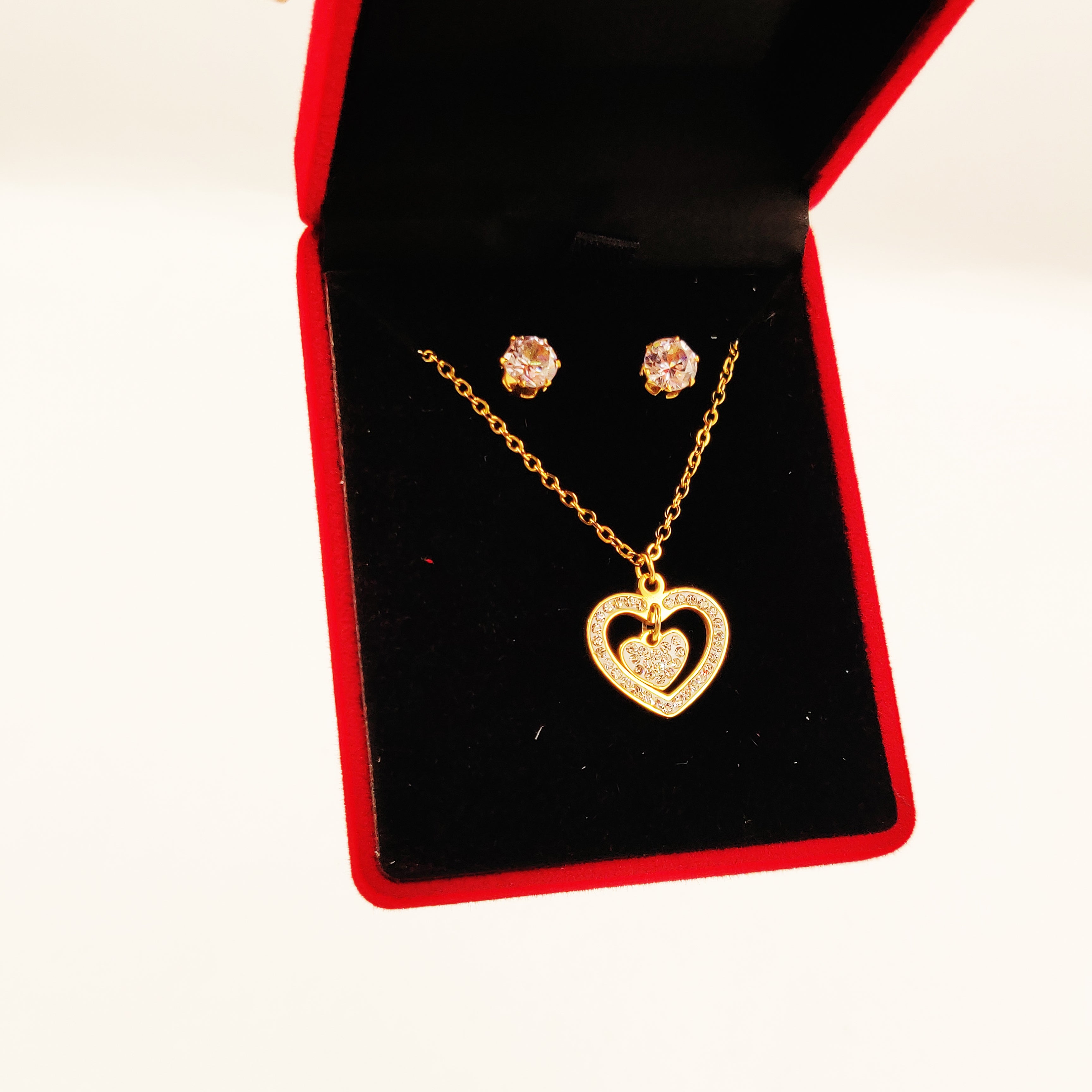 Coffret Collier et Boucles d'oreilles Coeur Double Cristaux