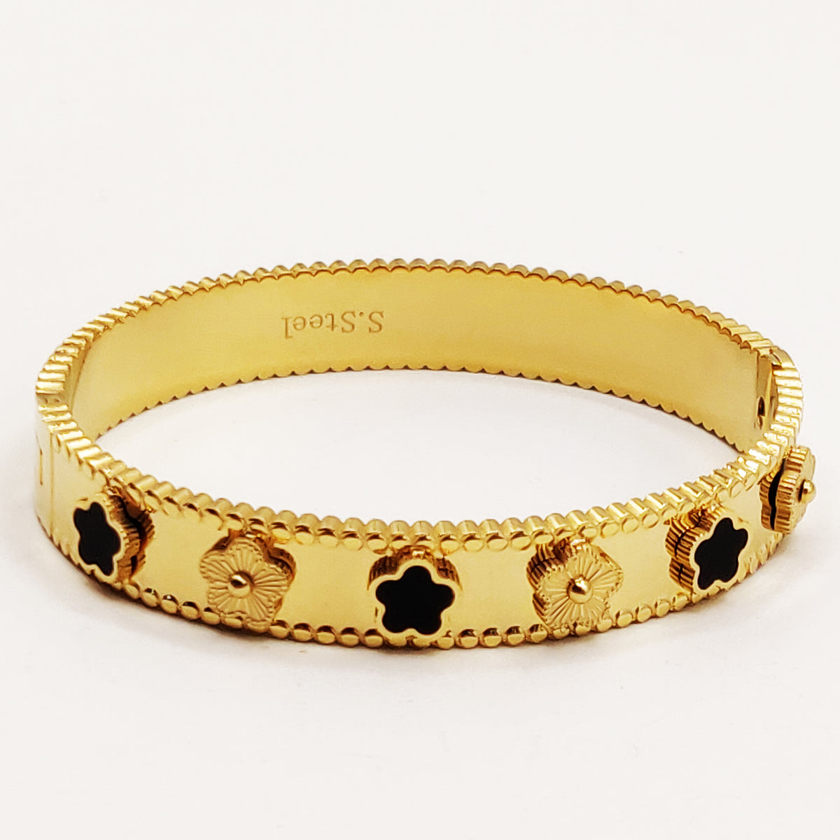Bracelet Rigide Marguerites Dorées et Noires Luxe