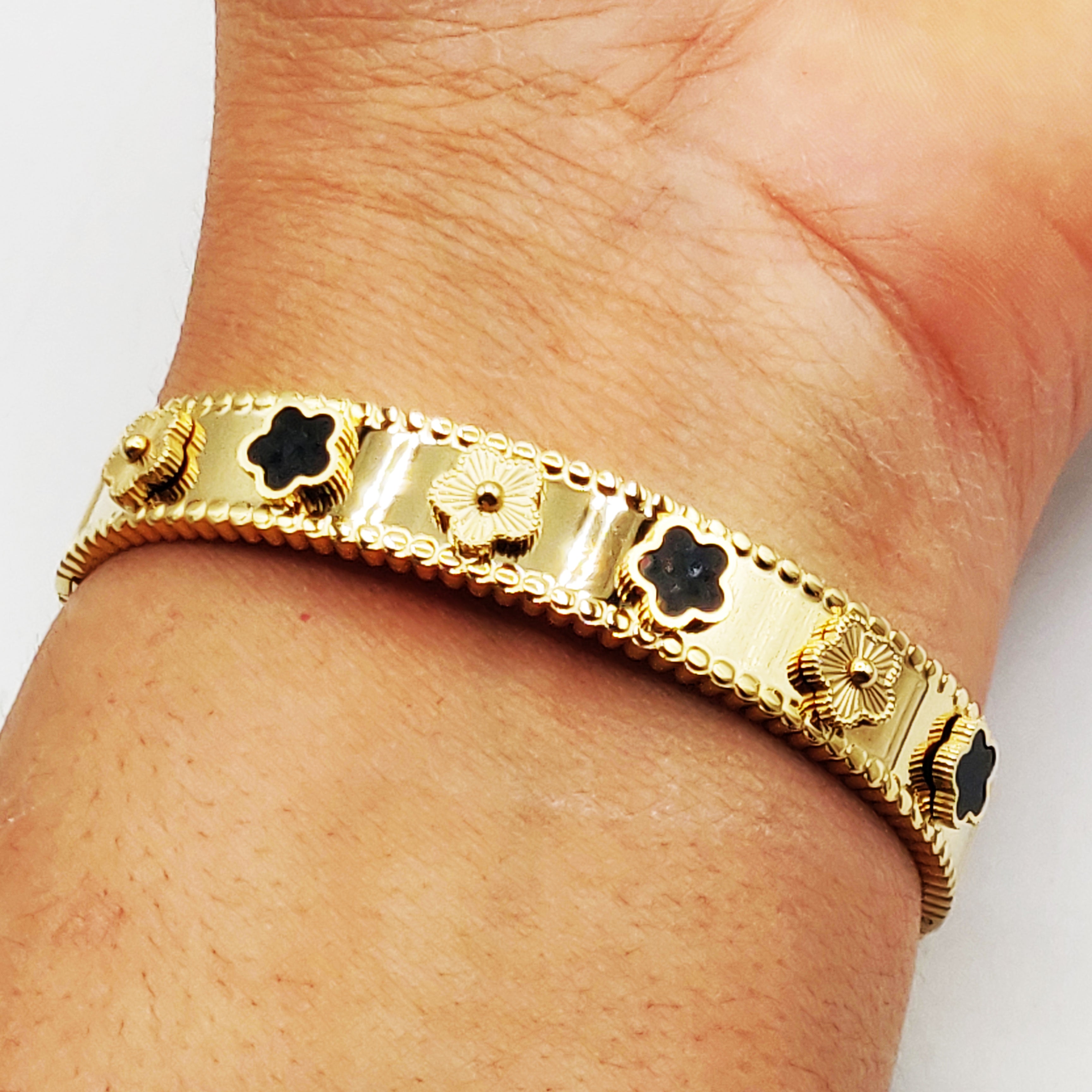 Bracelet Rigide Marguerites Dorées et Noires Luxe