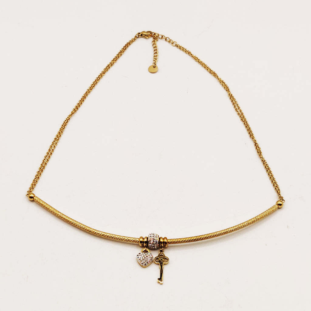 Collier Barre Clé et Coeur Cristaux Luxe