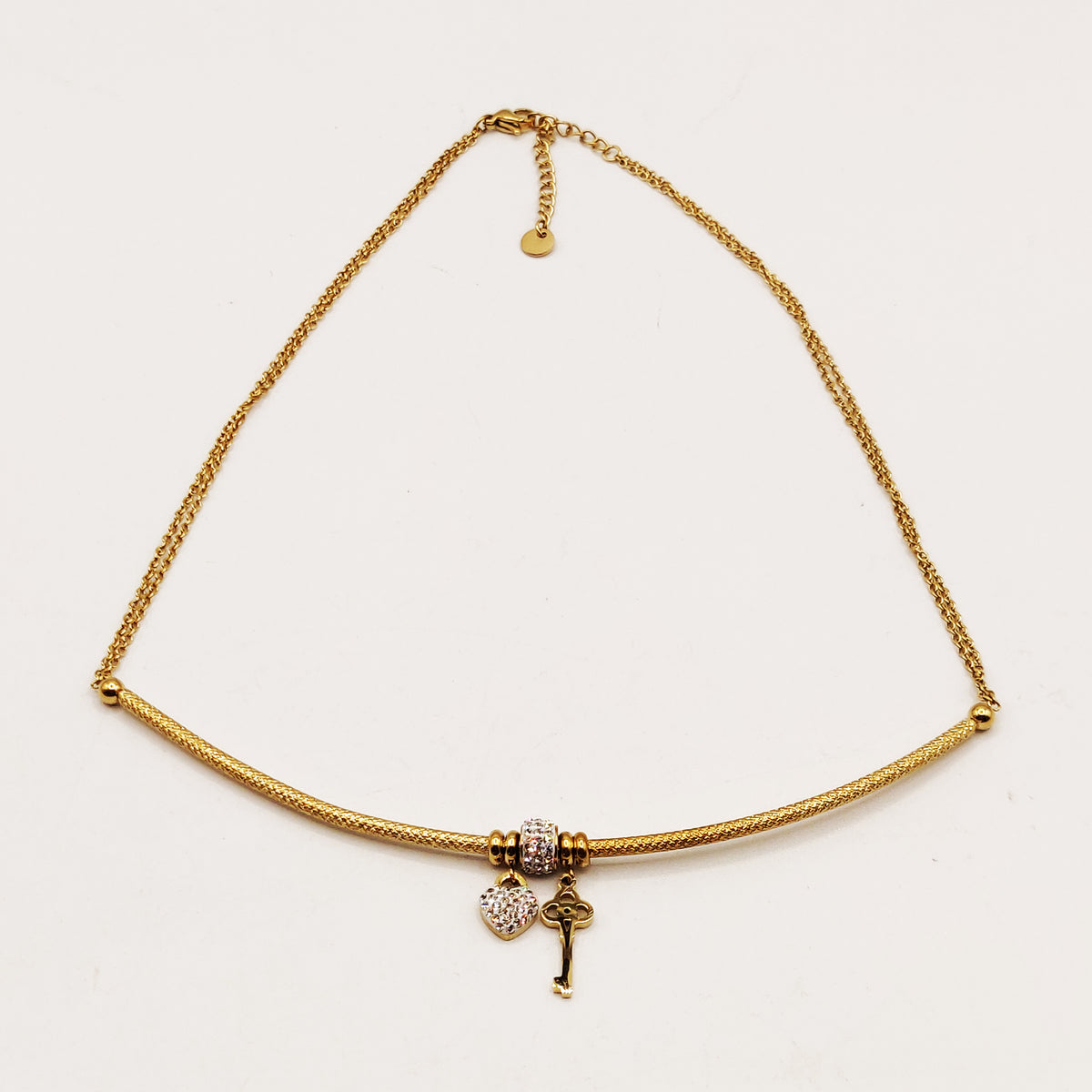 Collier Barre Clé et Coeur Cristaux Luxe