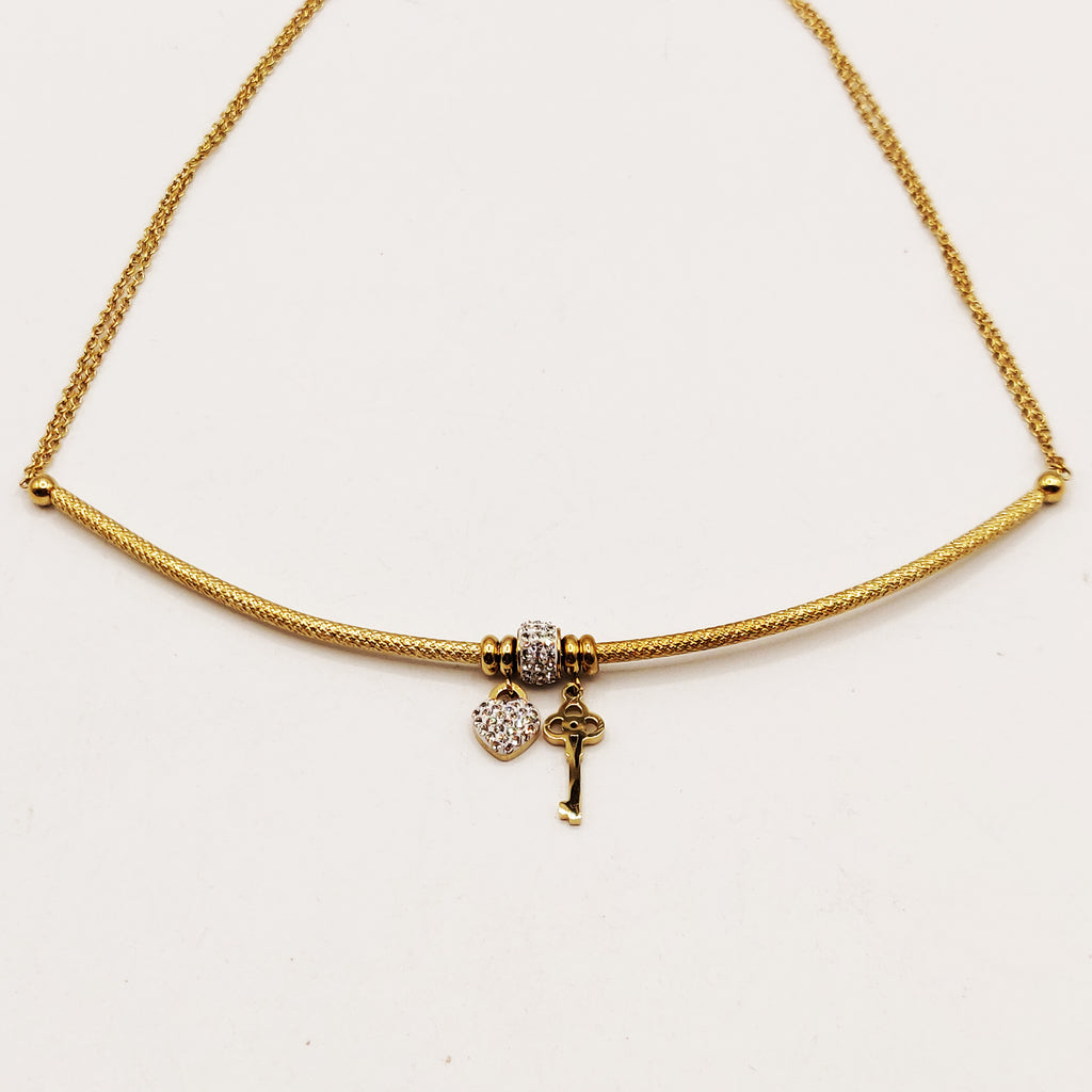 Collier Barre Clé et Coeur Cristaux Luxe