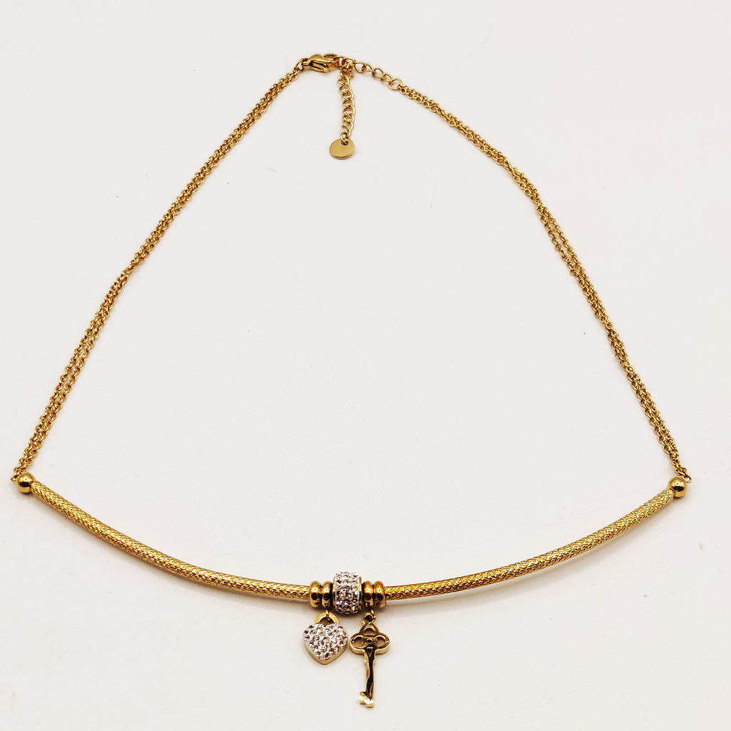 Collier Barre Clé et Coeur Cristaux Luxe
