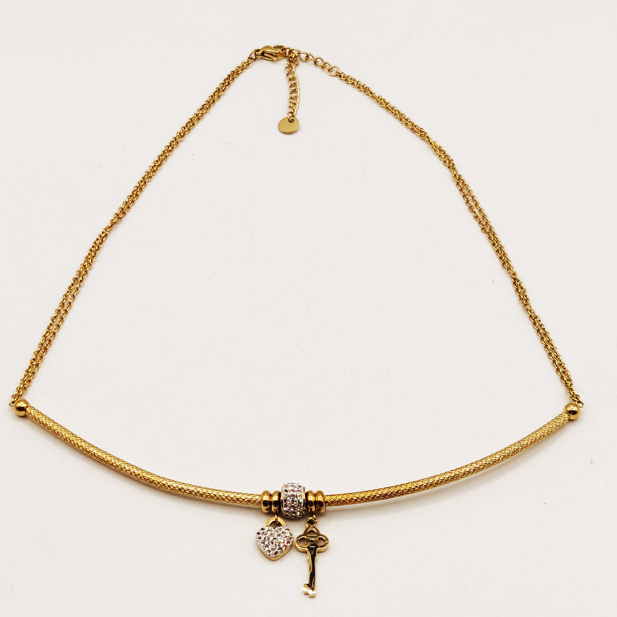 Collier Barre Clé et Coeur Cristaux Luxe