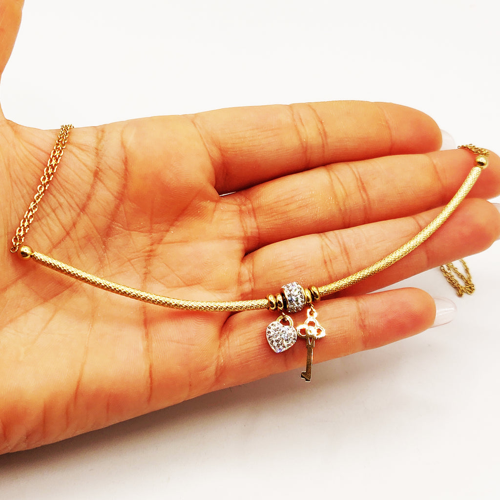 Collier Barre Clé et Coeur Cristaux Luxe
